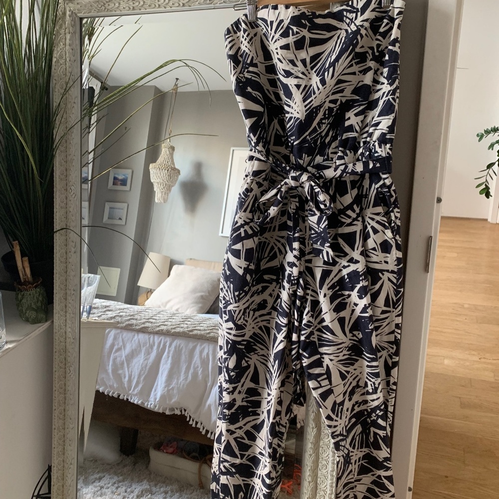 Linen Palm Floral Strapless Belted Jumpsuit I Sz 4